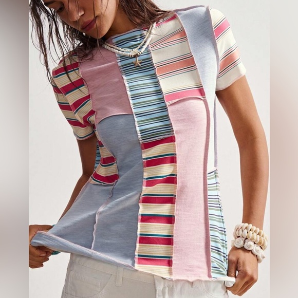 Boho Patchwork Multi Striped Drop Shoulder Fitted Stretch Jean Plus 2X New Top - Picture 1 of 13